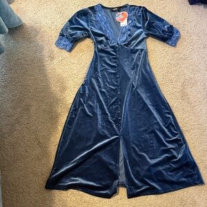 CIDER  Navy Velvet Lace Trim Dress